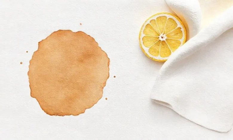 Kurumuş kahve lekesi için doğal çözüm. Lekeyi temizleyen el veya lekesiz yüzey.